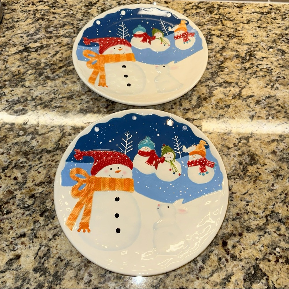 RETIRED St. Nicholas Square Snowman Dinner Plates 11’in Set of 2